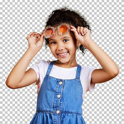 Buy stock photo Portrait, children and a cute little girl in sunglasses isolated on a transparent background for fashion. Kids, smile and style with a happy young female child posing in eyewear shades on PNG