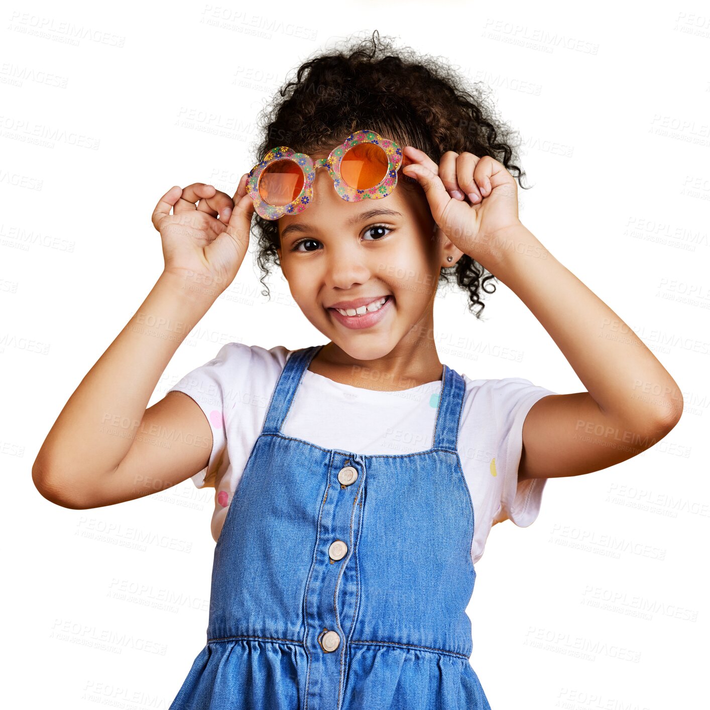 Buy stock photo Portrait, children and a cute little girl in sunglasses isolated on a transparent background for fashion. Kids, smile and style with a happy young female child posing in eyewear shades on PNG