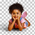 A portrait mixed race girl looking lying alone isolated Cute hispanic child posing inside. Happy and cute kid smiling and looking carefree in casual clothes isolated on a png background