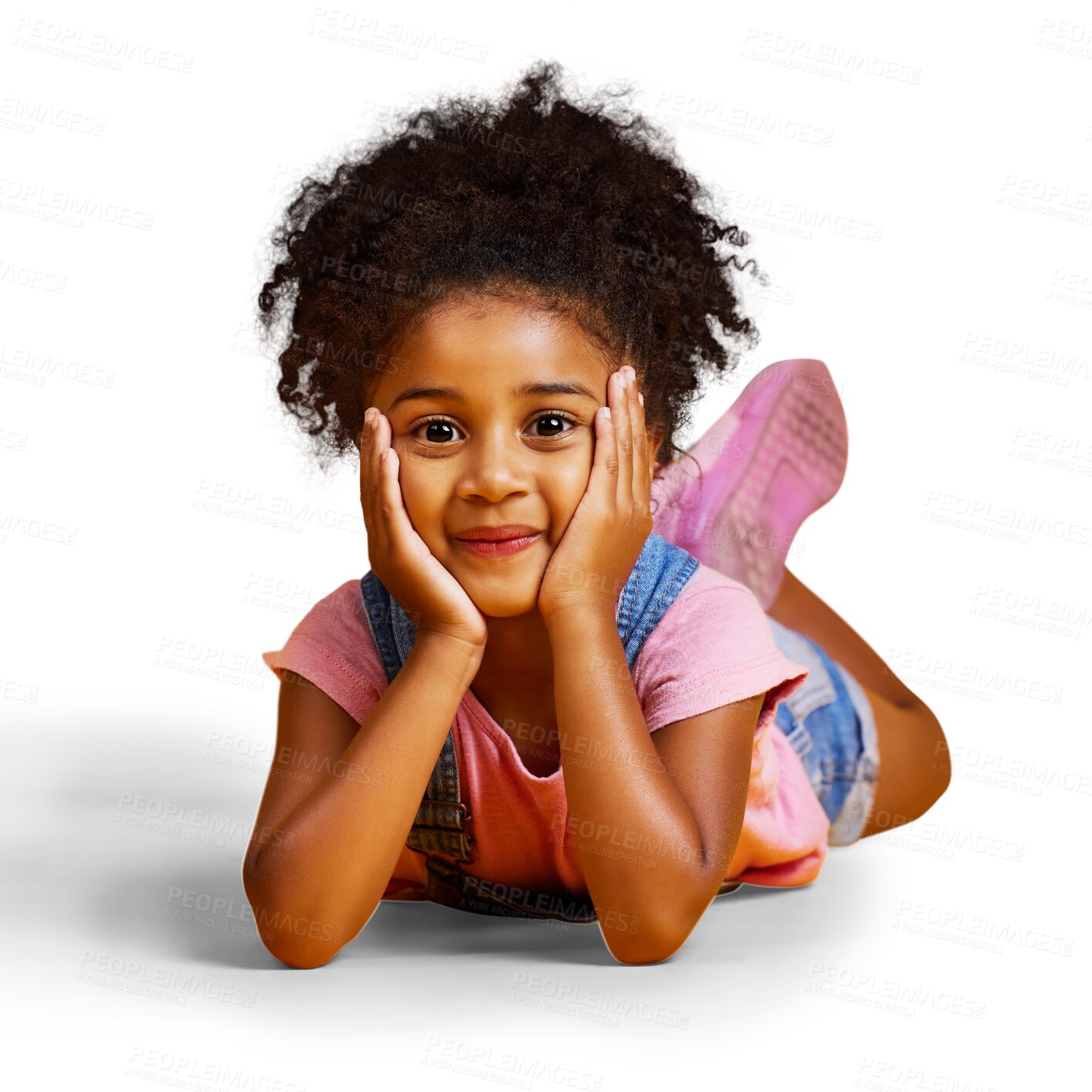 Buy stock photo Portrait, smile and girl on the floor, beauty and happiness isolated on a transparent background. Face, young person or female child with joy, cute and carefree with png, happy kid and casual clothes