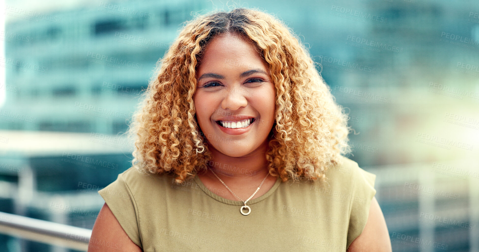 Buy stock photo Business woman in city, happy and portrait outdoor for working on creative career or job. Face, entrepreneur and confident person, professional designer and employee smile on urban rooftop in Brazil