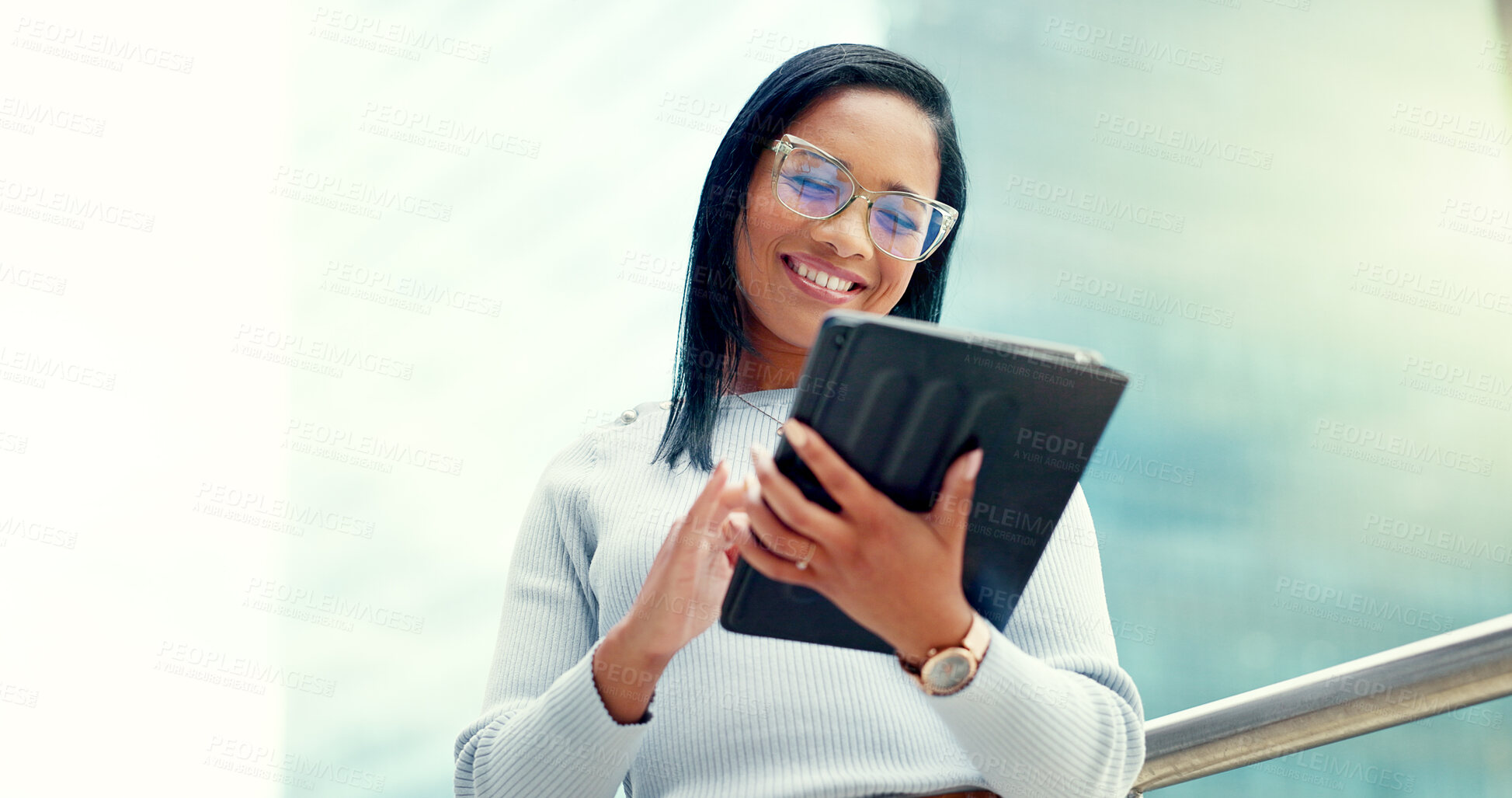 Buy stock photo Tablet, research and business woman on rooftop of building in city for planning project. Digital technology, smile and professional female designer from Mexico working on office balcony in urban town