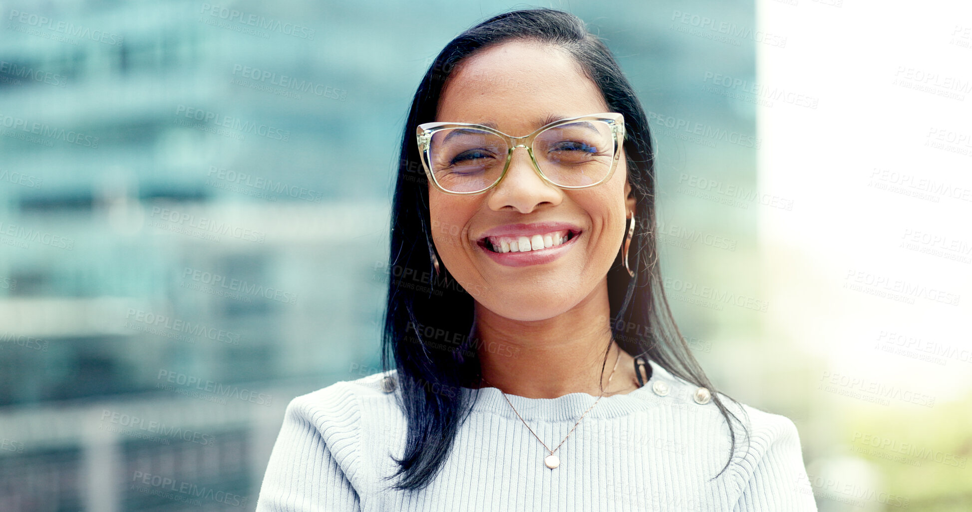 Buy stock photo Business woman in city, portrait and smile outdoor for working on creative career. Face, entrepreneur and confident person, professional designer and happy employee in glasses in urban town in Mexico