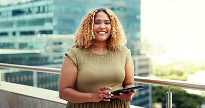 Business woman, happy portrait and tablet while in city for online communication, networking or trading. Black person with urban buildings rooftop with 5g network connection for writing email online