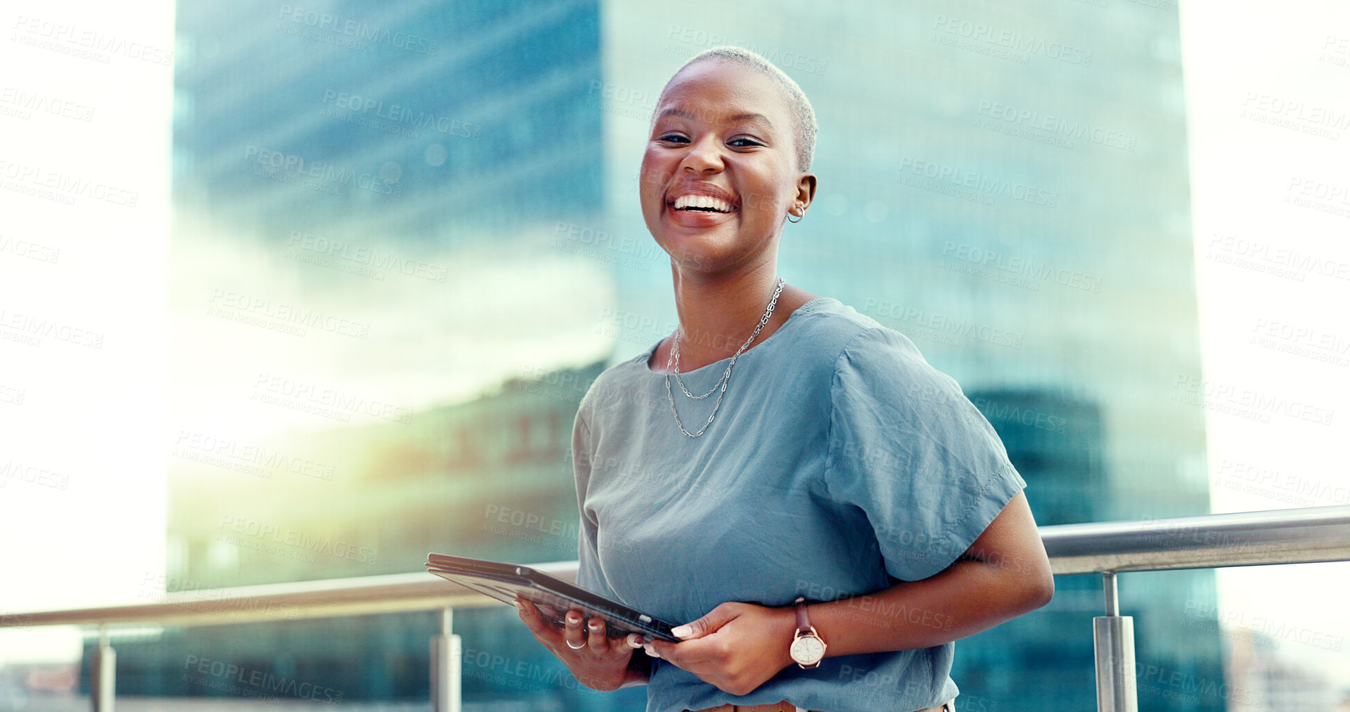 Buy stock photo Tablet, portrait and professional black woman in city of building on rooftop for planning a project. Digital technology, smile and young African female creative designer working on office balcony.