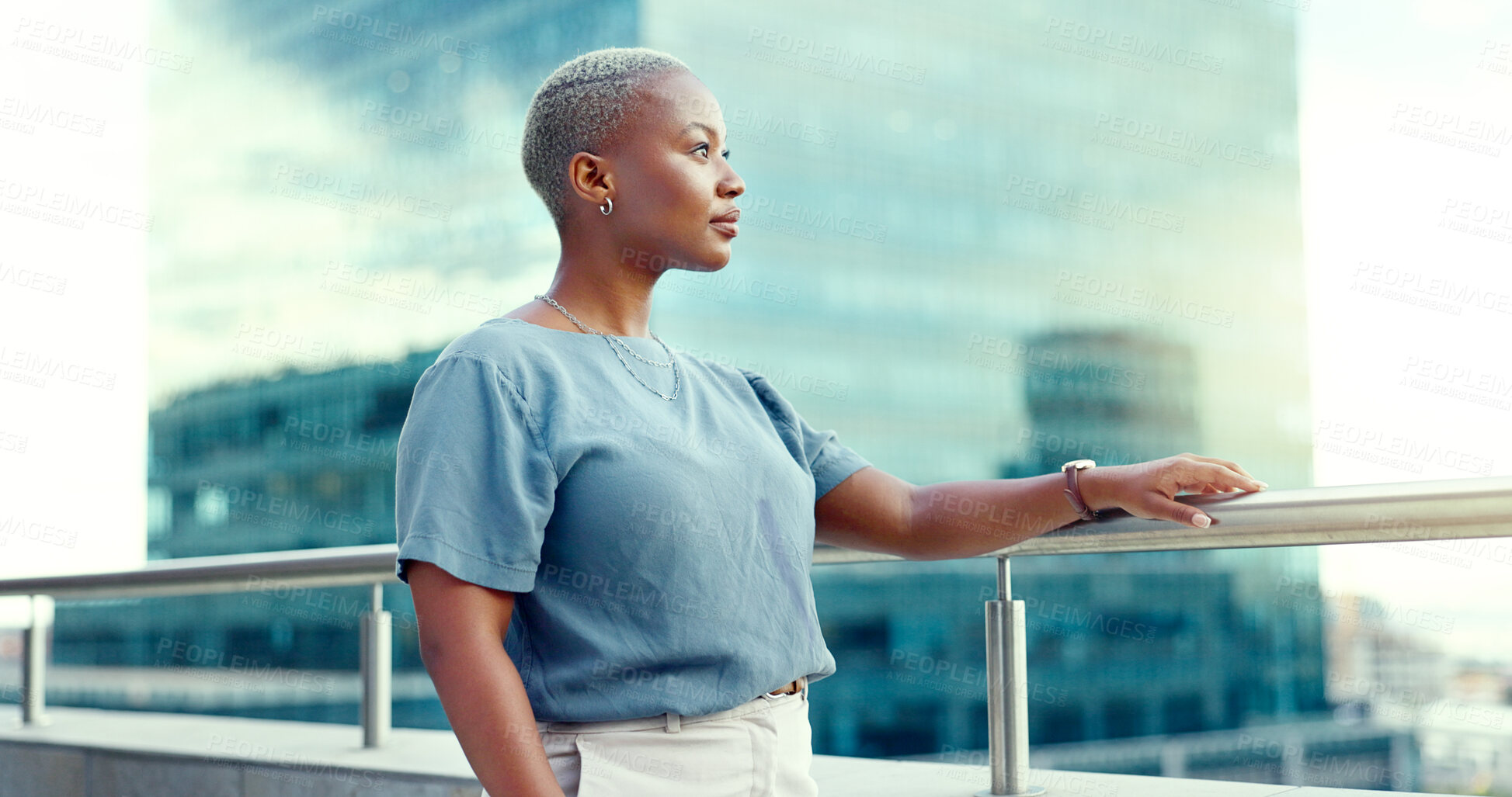 Buy stock photo Business, balcony or black woman with idea, thinking or professional with problem solving, mindset or solution. African person, consultant or employee with ambition, city or future with brainstorming