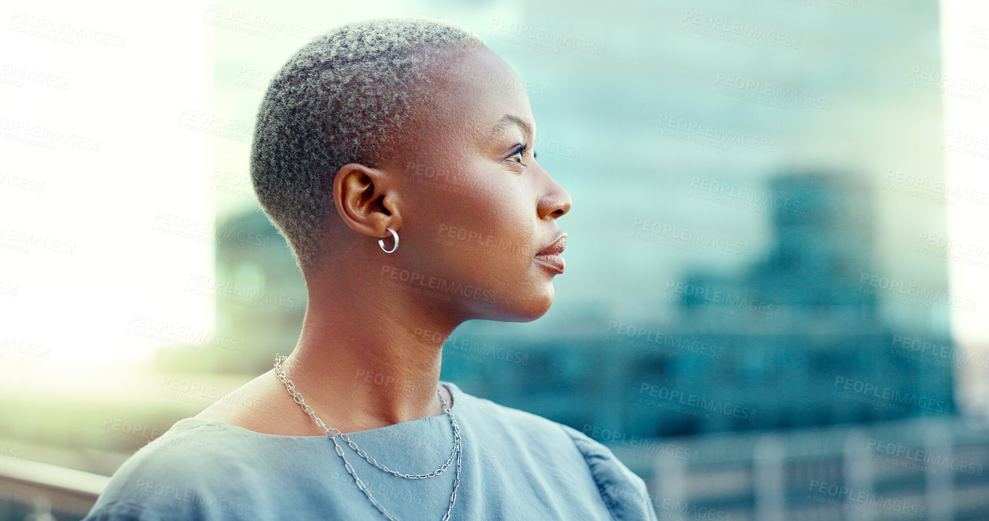 Buy stock photo Business, balcony or black woman with solution, thinking or professional with problem solving, mindset or future. African person, consultant or employee with planning, city or idea with brainstorming