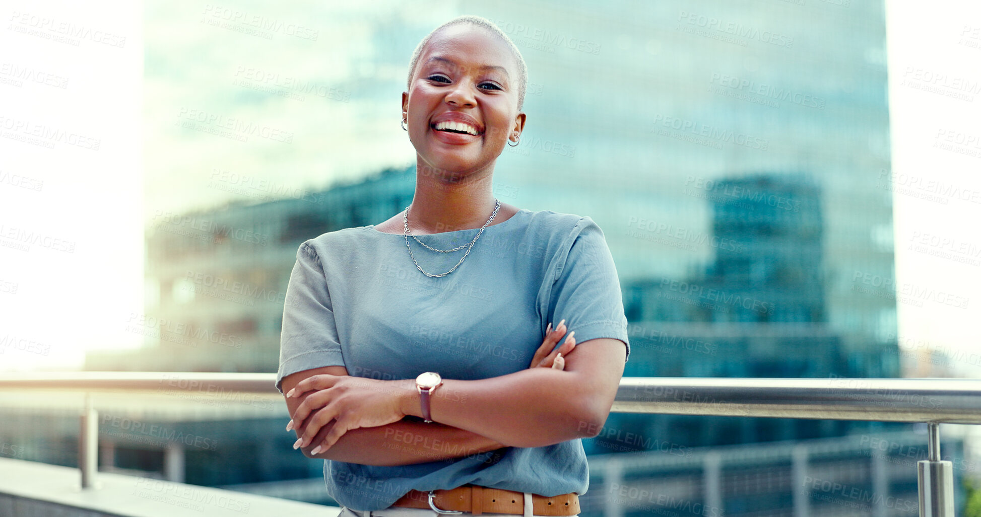 Buy stock photo Black woman on rooftop for business, portrait and arms crossed outdoor for creative career. Face, entrepreneur and confident person, professional designer and happy employee smile in city in Nigeria