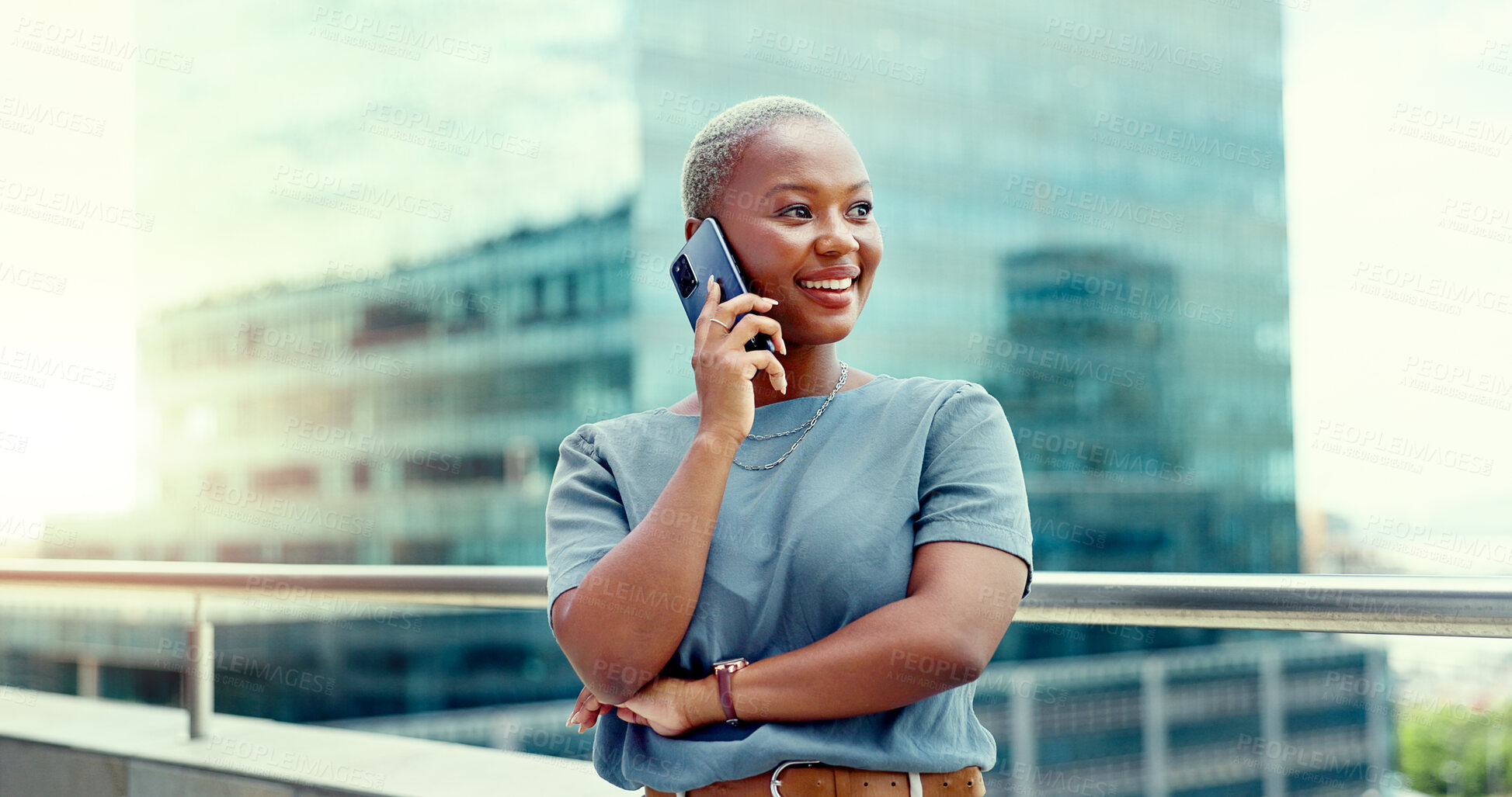 Buy stock photo Black woman, business and phone call for communication, networking and internet with smile. Face, entrepreneur or person in urban building background on smartphone, technology or conversation outdoor