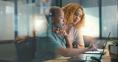 Office glass window, laptop and team communication on social network feedback, customer experience or ecommerce. Brand monitoring data, collaboration teamwork and black women review online survey