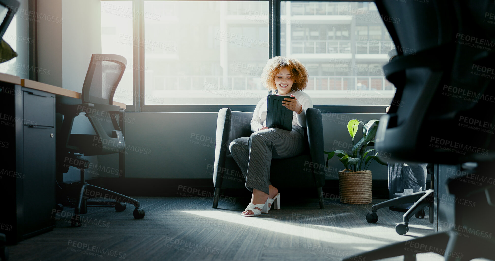 Buy stock photo Business, smile and woman with a tablet, connection and website information with online review, social media and company website. Person, employee and consultant with technology and search internet