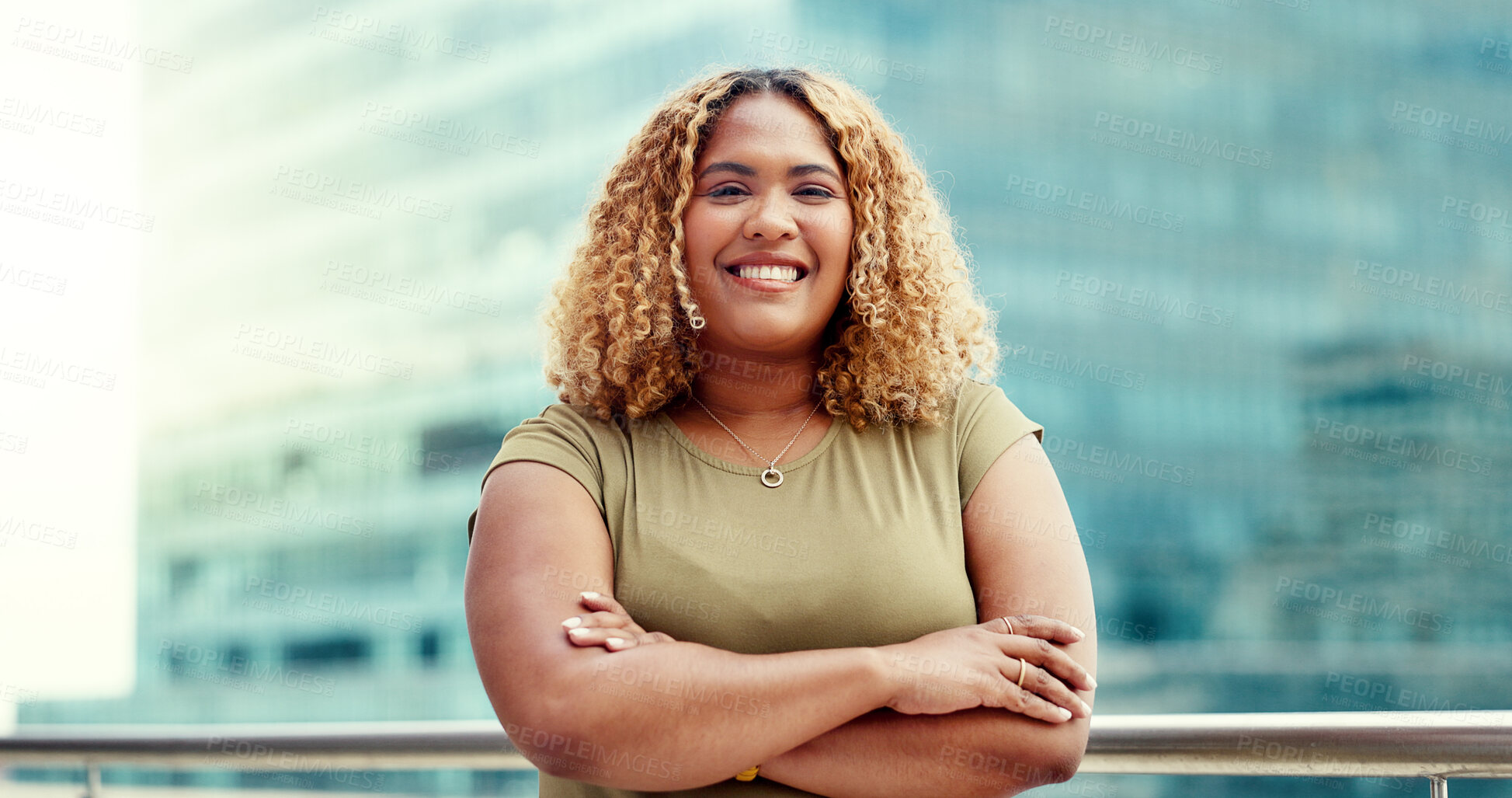 Buy stock photo Business woman in city, portrait and arms crossed outdoor for pride in creative career. Face, entrepreneur and confident person, professional designer and happy employee on rooftop in South Africa