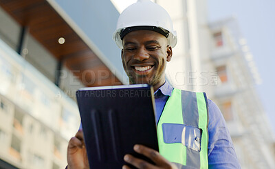 Buy stock photo Black man in construction, tablet and architect working on floor plan, inspection and maintenance job outdoor. Check digital blueprint for architecture project, design software and quality assurance