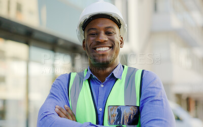 Buy stock photo Black man, portrait and construction worker arms crossed, architect or contractor smile with pride. Architecture, infrastructure with urban development and professional engineer outdoor at job site