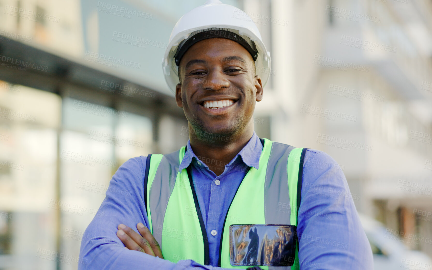 Buy stock photo Black man, portrait and construction worker arms crossed, architect or contractor smile with pride. Architecture, infrastructure with urban development and professional engineer outdoor at job site