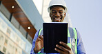 Tablet, engineering and black man for construction update, project management or progress report of buildings. Typing, planning person or architecture contractor with digital technology in urban city