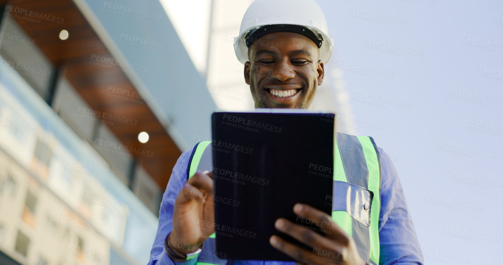 Buy stock photo Engineering, man and tablet at construction site inspection, building development and industrial renovation. Excited or happy african worker on digital tech, design software or architecture planning