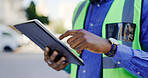 Tablet of black man or construction worker hands for engineering update, project review or progress report in urban city. Architecture person, electrician or contractor on digital technology app