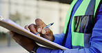 Tablet of black man or construction worker hands for engineering update, project review or progress report in urban city. Architecture person, electrician or contractor on digital technology app
