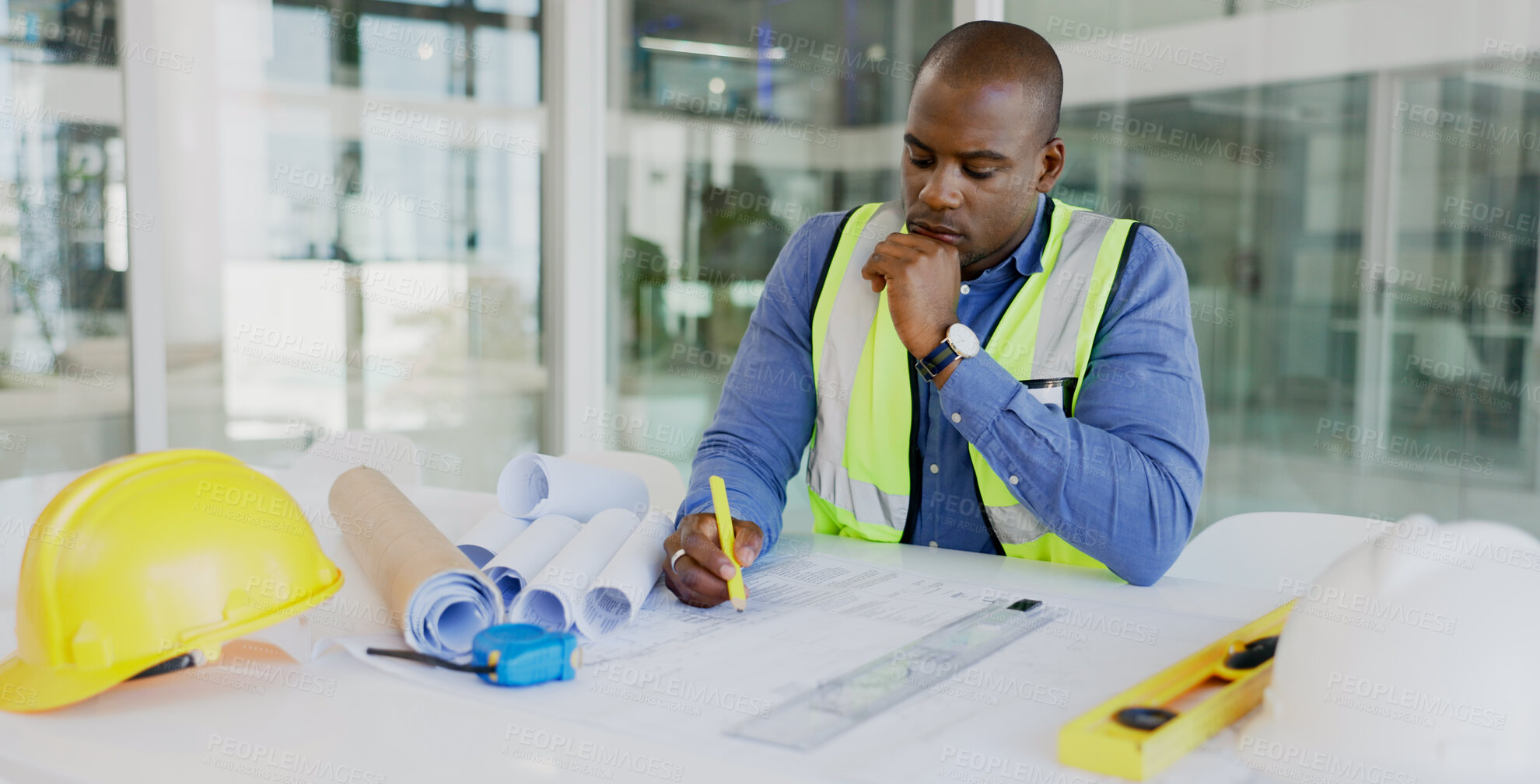 Buy stock photo Black man, architect and thinking while drawing blueprint for construction job, engineering and design with developer. Contractor, ideas and architecture project with floor plan and productivity