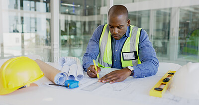 Buy stock photo Black man, architecture and drawing blueprint for construction job, engineer and design with developer. Contractor, remodeling and architect working on project floor plan with productivity and sketch