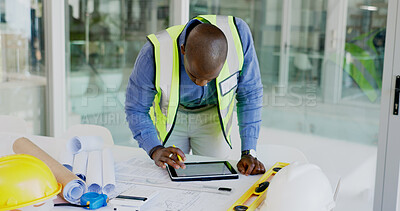 Buy stock photo Black man, tablet and review floor plan, construction or architect working on maintenance job in office. Assessment, digital blueprint for architecture project and productivity with design software