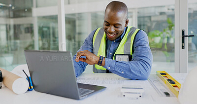 Buy stock photo Laptop, watch and a black man construction worker in an office for planning a building project. Computer, time and a happy young engineer in the workplace for research as a maintenance contractor