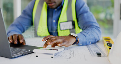 Buy stock photo Architecture, laptop and calculator of man planning blueprint with ratio check, numbers and project development design. Hands of black person, contractor or worker for floor plan strategy on computer