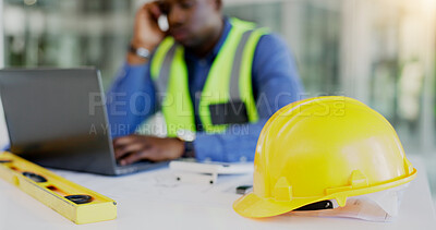 Buy stock photo Laptop, stress and a black man construction worker sitting as a desk in his office for architecture or design. Burnout, deadline and tired with a male employee or designer under pressure at work