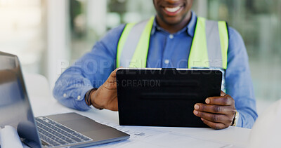 Buy stock photo Architect tablet, hands or black man planning infrastructure design, floor plan or property blueprint. Architecture engineering, construction development or person working on construction schematic