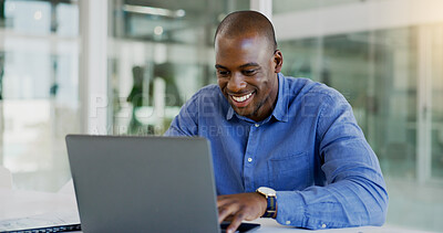 Buy stock photo Computer, business and happy black man in office for finance report, online banking and financial accounting. Corporate, workplace and person on laptop for internet, website and research at desk