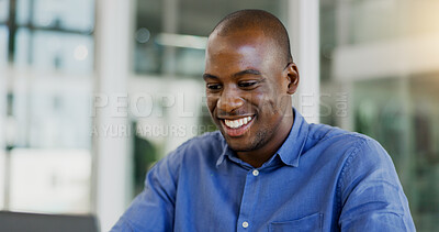 Buy stock photo Laptop, business and happy black man in office for online project, planning agenda and typing email. Corporate worker, workplace and person on computer for internet, website and research at desk