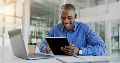 Buy stock photo Laptop, tablet and happy with a business black man in the office for research on a company project. Computer, technology and smile young developer in a workplace for internet or software design