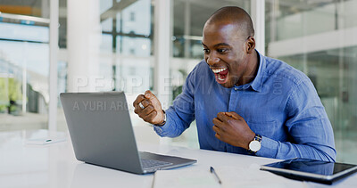 Buy stock photo Laptop, excited and happy black man celebrate IPO launch, stock market trading news or financial revenue winner. Achievement, ecommerce cheers or person scream for forex, bitcoin or crypto NFT profit