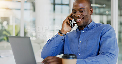 Buy stock photo Happy black man, phone call and laughing for conversation, funny joke or humor at office. African businessman smile, talking or mobile smartphone for fun business discussion or proposal at workplace