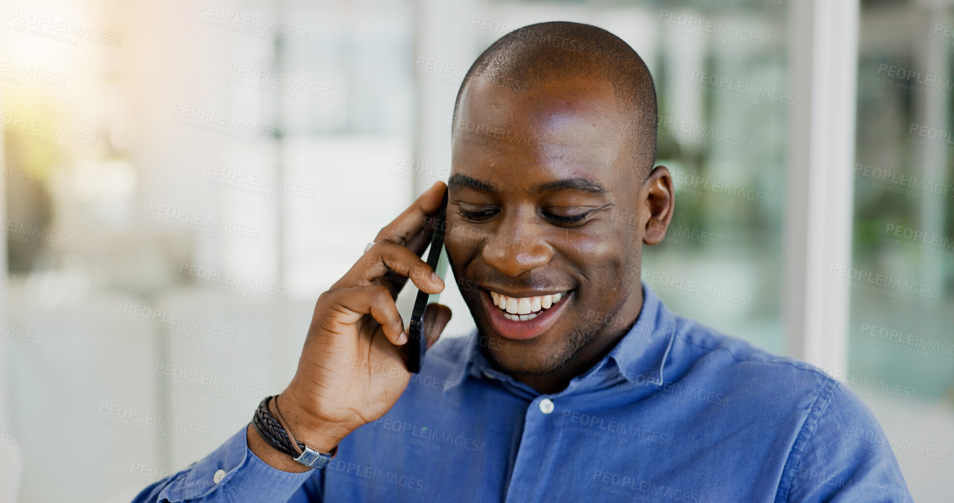 Buy stock photo Happy black man, phone call and laughing for discussion, funny joke or humor at office. African businessman smile, talking or mobile smartphone for fun business conversation or proposal at workplace