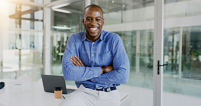 Buy stock photo Business, laugh and office black man happy for entrepreneurship, career development or corporate job. Friendly person, smile and portrait of bank administration,