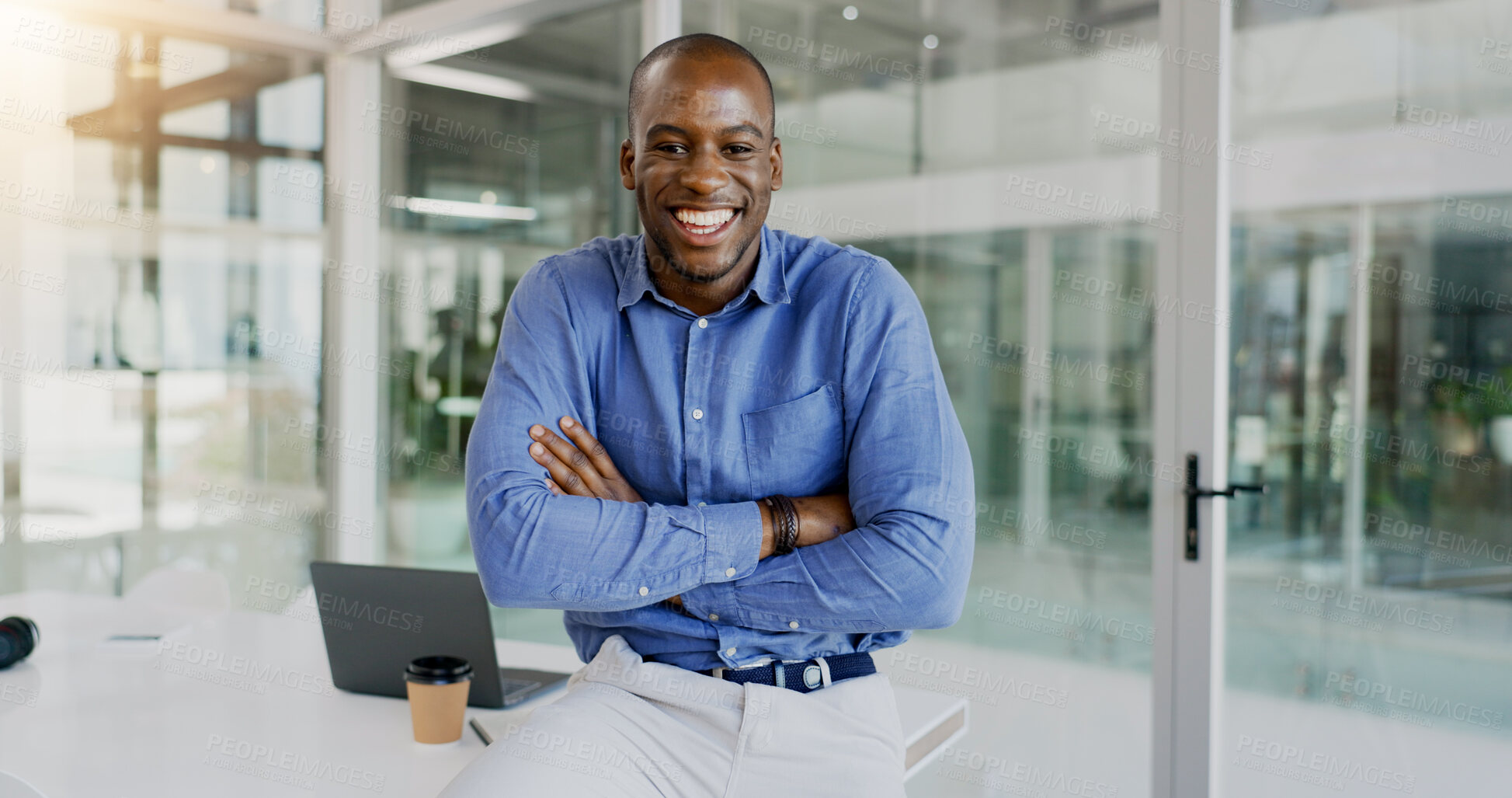 Buy stock photo Portrait, corporate and black man with a smile, arms crossed or accountant with startup, laptopor professional. Worker, employee or career with consultant, entrepreneur or pc in a workplace or funny