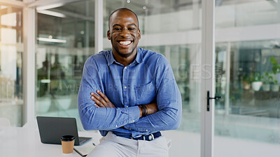 Buy stock photo Portrait, business and black man with a smile, arms crossed and employee with startup, office and professional. Worker, corporate and career with consultant, funny and entrepreneur in a workplace