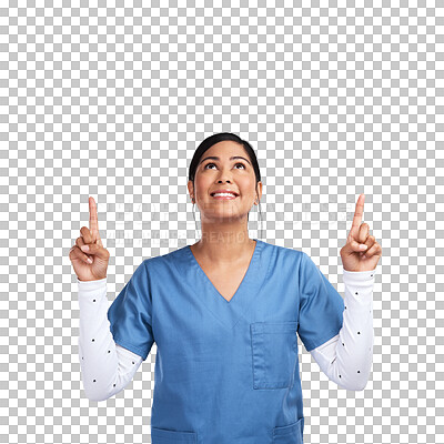 Buy stock photo PNG shot of a young doctor wearing scrubs pointing up 