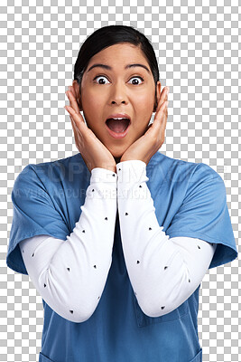 Buy stock photo PNG portrait of a shocked young doctor in scrubs 