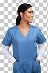 PNG shot of a young doctor standing with her hands tucked into her scrubs