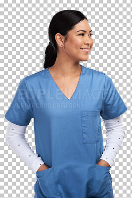 Buy stock photo PNG shot of a young doctor standing with her hands tucked into her scrubs