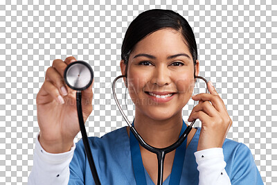 Buy stock photo PNG portrait of a young doctor using a stethoscope 