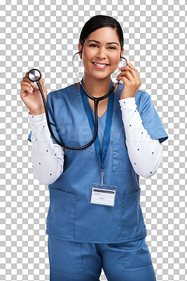 Buy stock photo PNG portrait of a young doctor using a stethoscope 