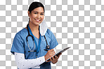 PNG portrait of a young doctor wearing a stethoscope and making notes on a clipboard 