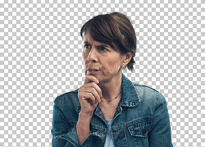 Buy stock photo PNG of Studio shot of a senior woman looking thoughtful.