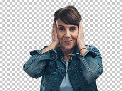 Buy stock photo PNG Studio portrait of a senior woman covering her ears against 