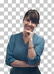 PNG studio portrait of a senior woman posing with her hand on her chin against a grey background