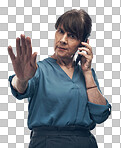PNG Studio portrait of a mature woman gesturing to stop while talking on a cellphone